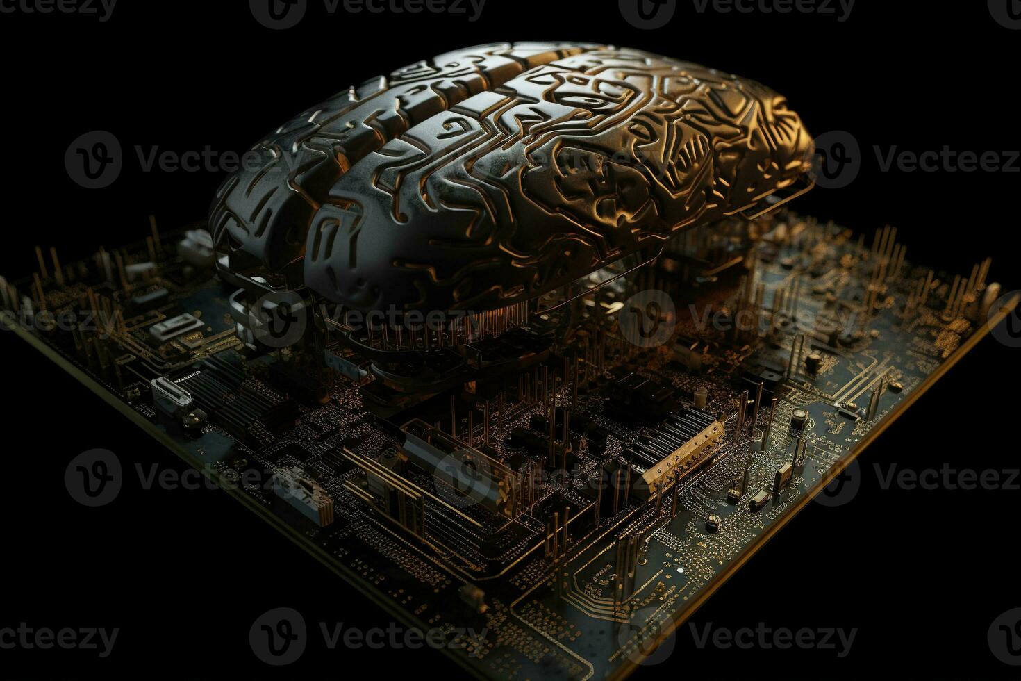 Artificial intelligence science concept with technological AI brain on the circuit board. Generated AI. photo