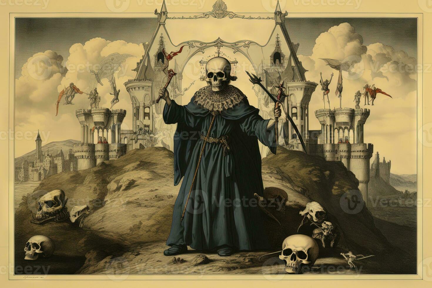 Medieval styled occult art with skeleton and monsters. Ancient icon or old book illustration with mystic religious scene. Generated AI. photo