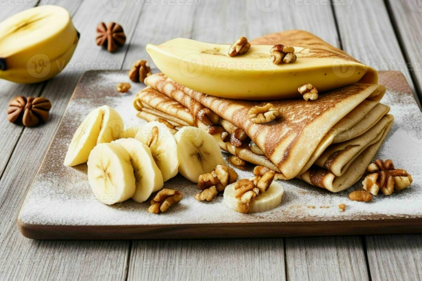 Crepes with slice banana and walnut. AI Generative Pro Photo