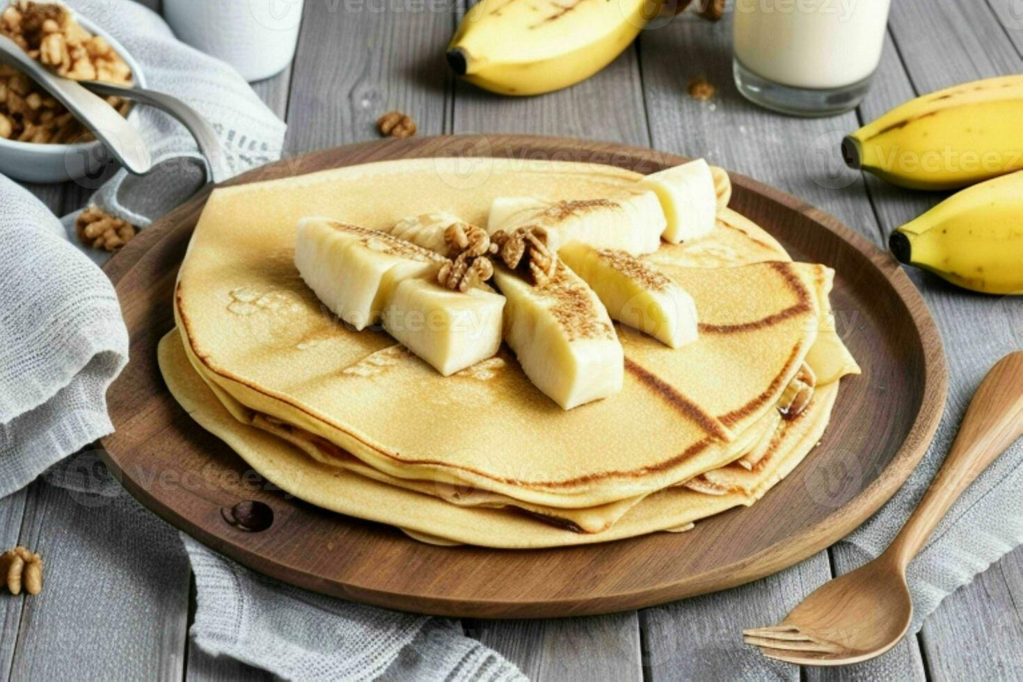 Crepes with slice banana and walnut. AI Generative Pro Photo