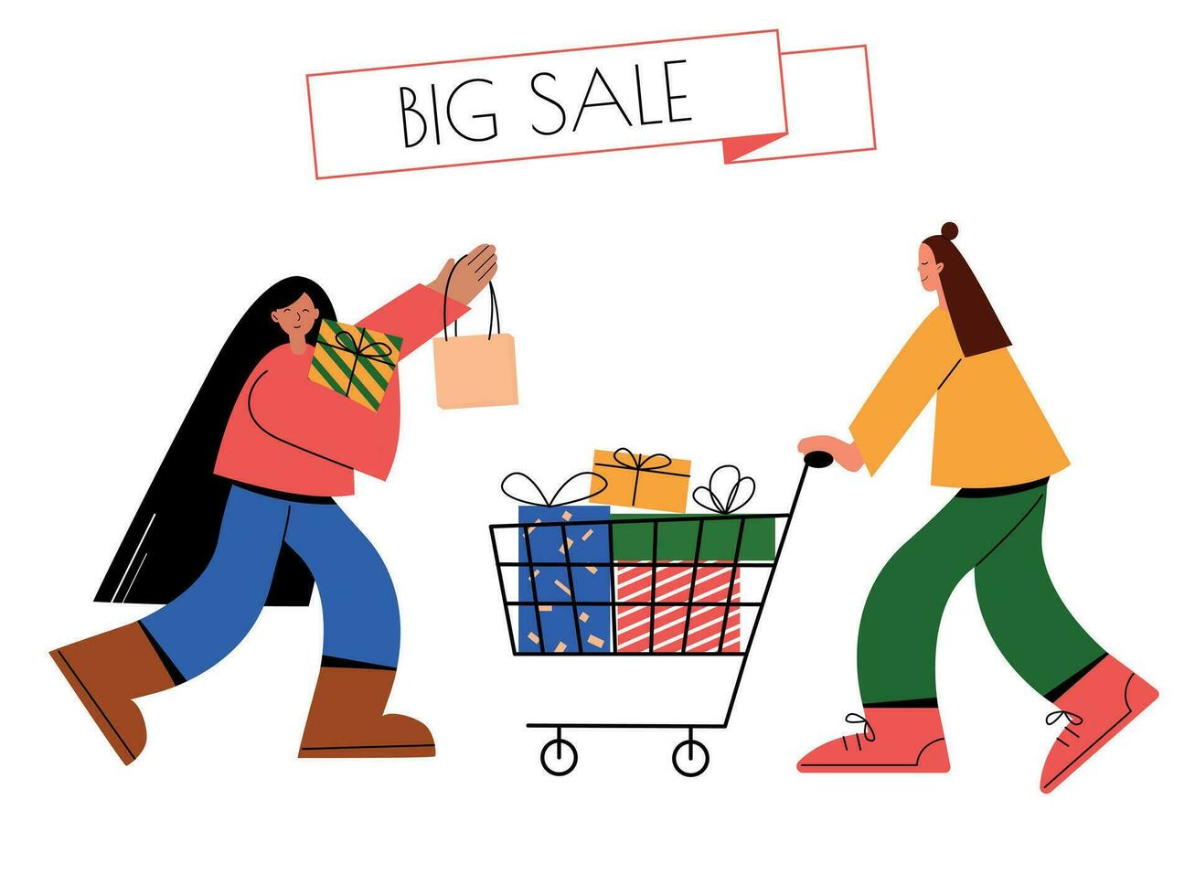 Women shopper. Modern female character with trolley full of gifts. Christmas sale and shopping vector