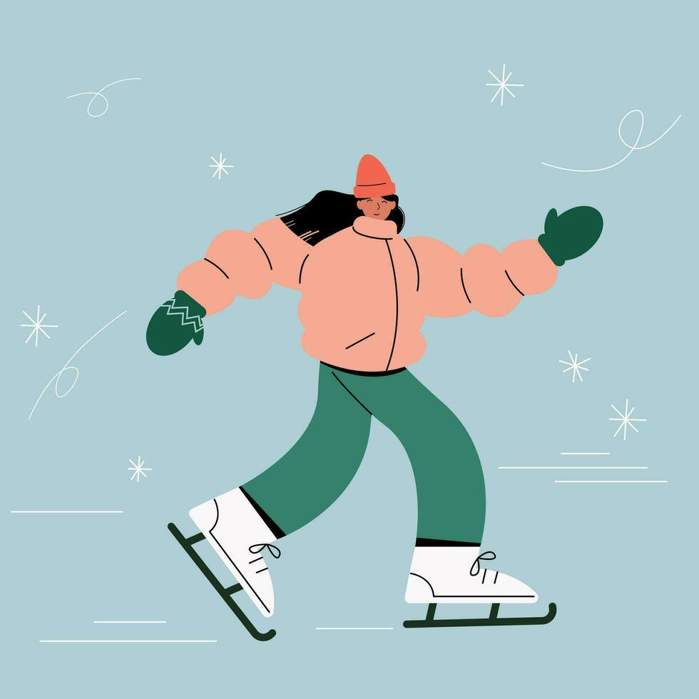 mujer Patinaje en hielo. invierno juegos en plano estilo vector