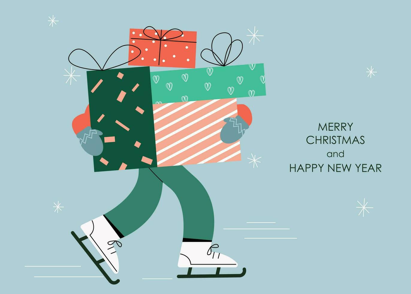 persona participación un grande apilar de Navidad regalo cajas alegre Navidad, nuevo año saludo tarjeta. plano ilustración en dibujos animados estilo para saludo tarjeta vector