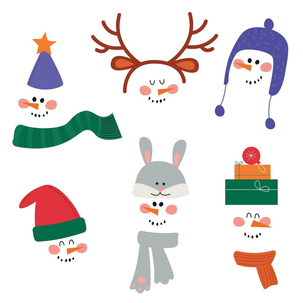 Collection of snowmen on a white background for Christmas and New Year. Vector illustration in flat cartoon style