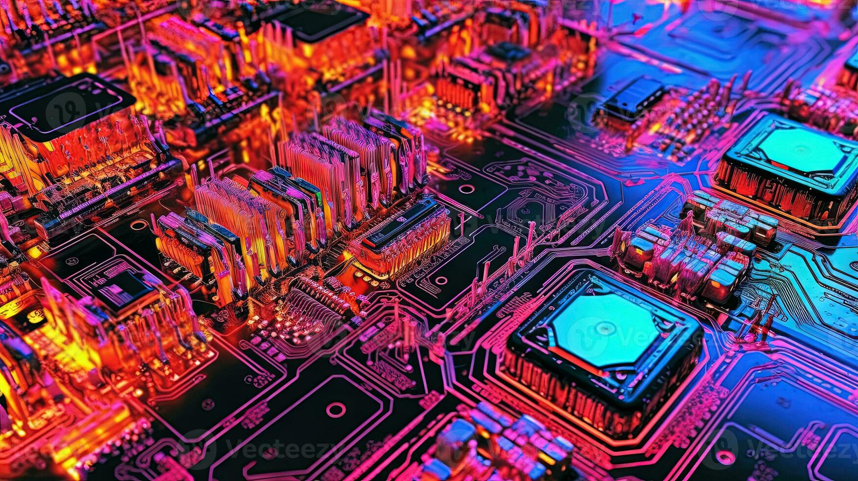 Motherboard with chips and connections in purple and blue neon lights. Technology background with microchips on hardware circuitboard. Generated AI. photo