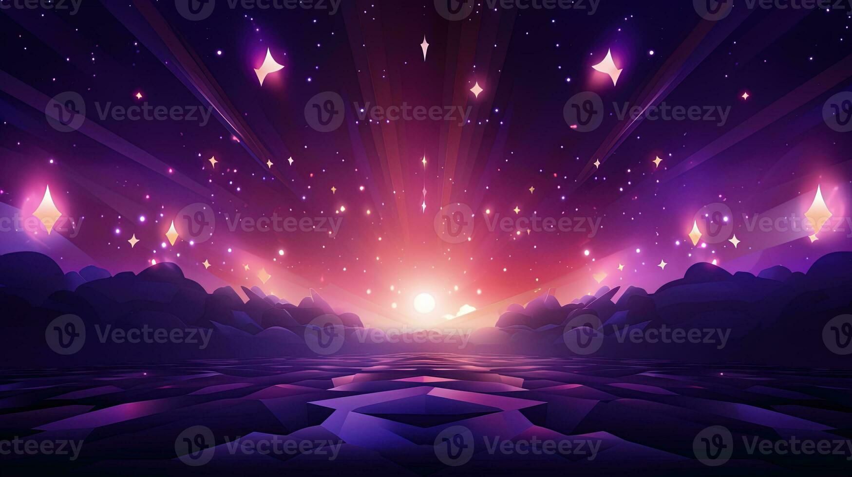 Abstract backgound with purple and orange light rays. God rays or light burst with bokeh. Generated AI. photo