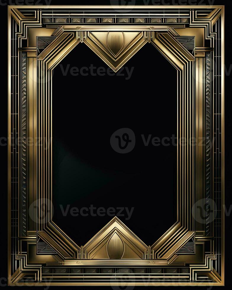 Golden art deco frame with ornament. Retro golden art deco or art nouveu frame in roaring 20s style. Generative AI. photo