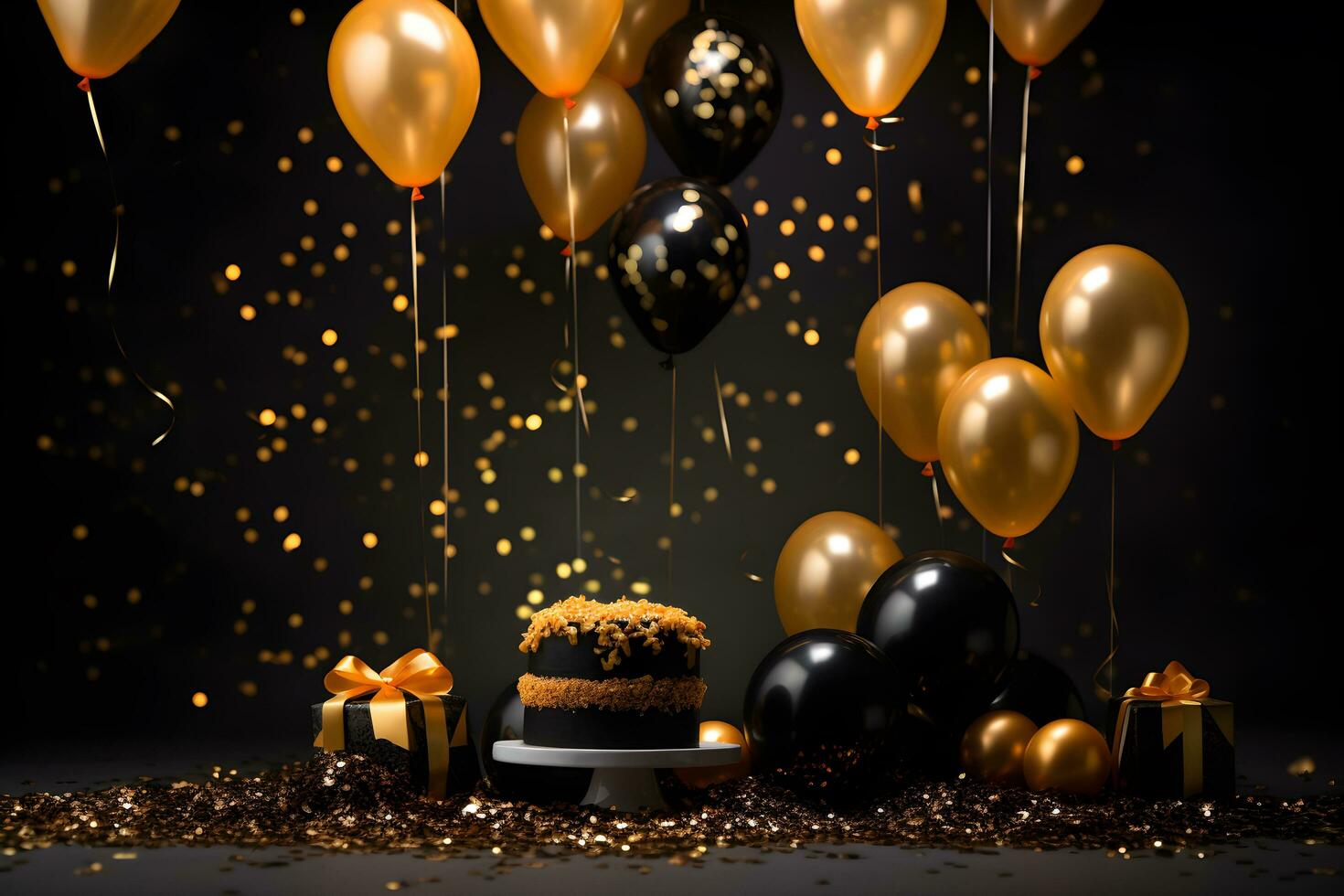 gold confetti with balloon luxury birthday background ai generated photo