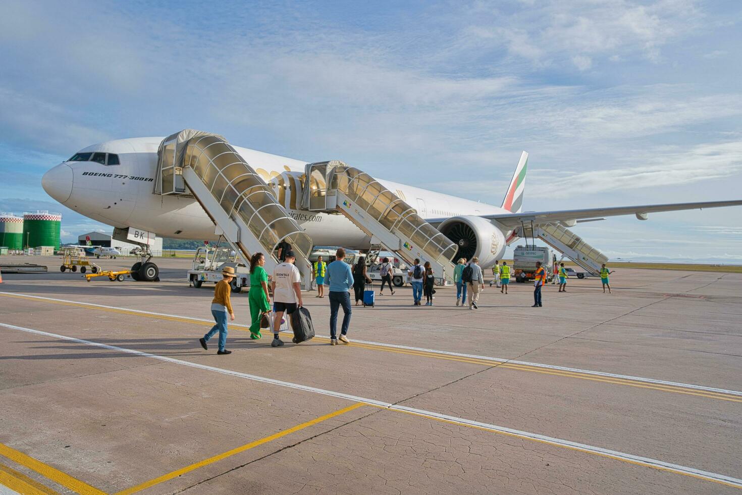 Mahe, Seychelles, 10.10.2023 Morning emirates flight from Seychelles to Dubai, clients boarding photo