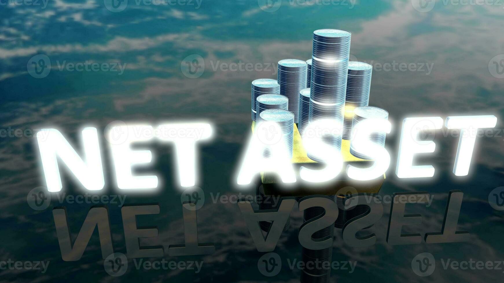 Glowing Net Asset text with background house made up of coin made up of gold and silver photo