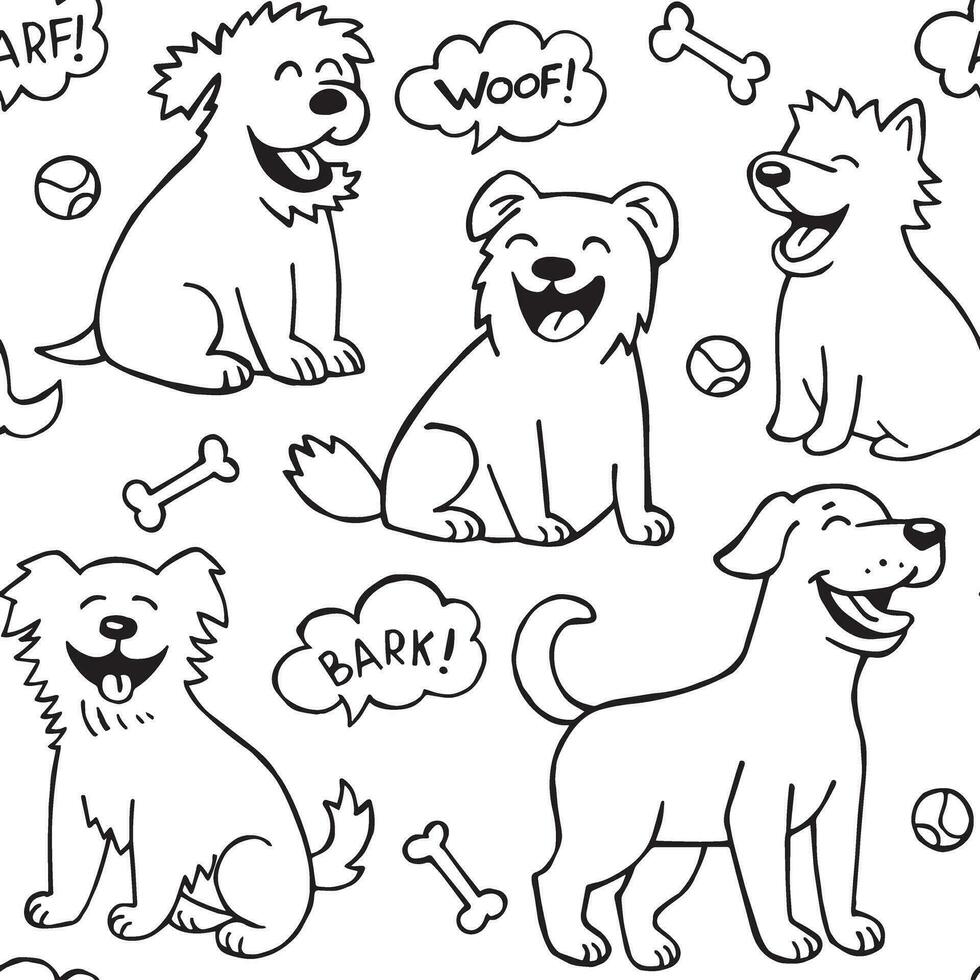 cute drawing seamless pattern with funny dogs in doodle style. funny doggies, line illustration vector