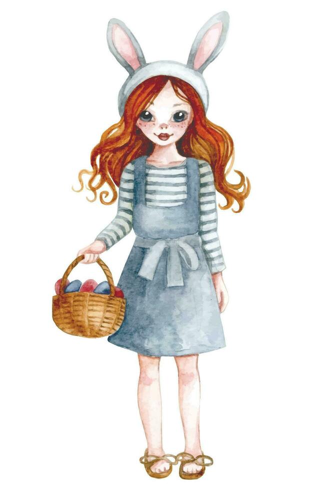 watercolor drawing, decoration for Easter. cute girl with bunny ears and a basket of Easter eggs. clipart, scrapbooking vector