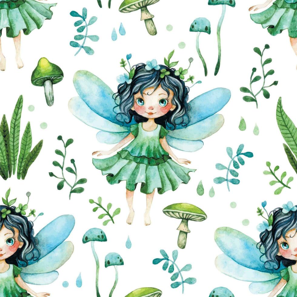 cartoon, cute little forest fairy. seamless pattern, mushrooms and forest herbs. print for children, watercolor drawing vector