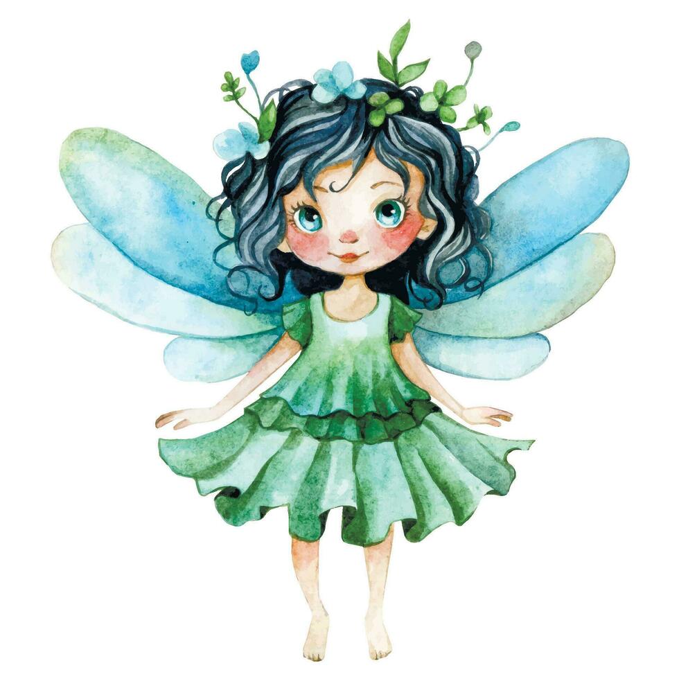 cartoon, cute little forest fairy. watercolor drawing vector