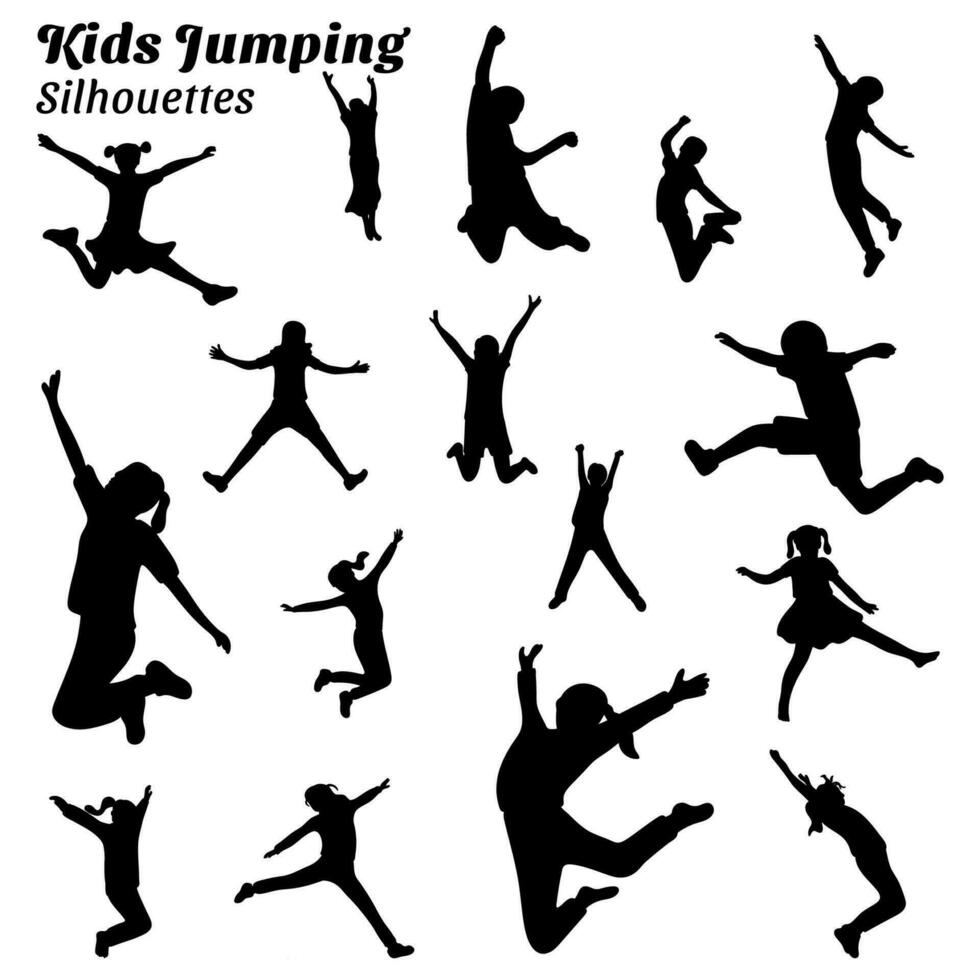 Set of illustrations of kid jumping playing silhouettes vector