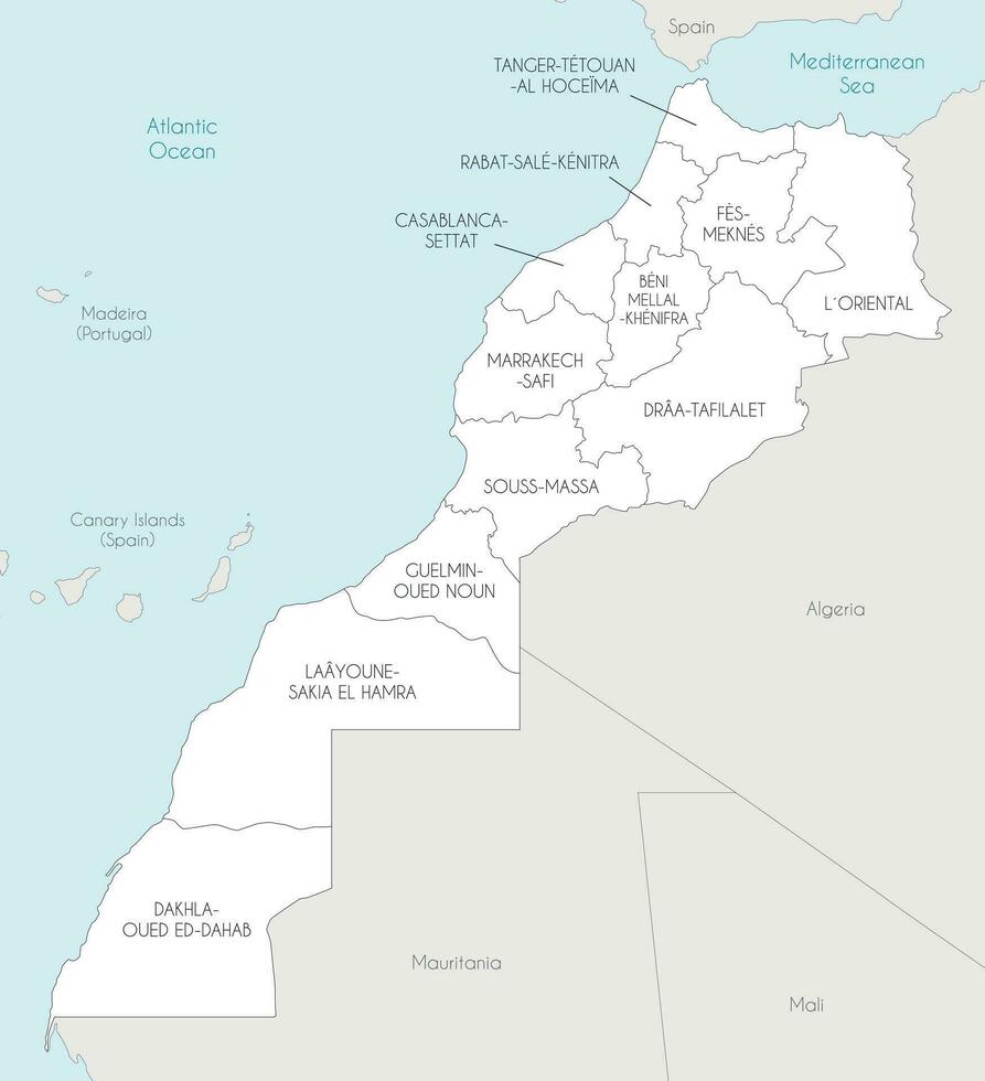 Vector map of Morocco with regions and administrative divisions, and neighbouring countries. Editable and clearly labeled layers.