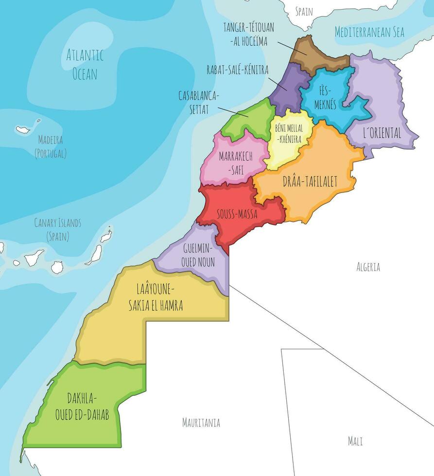 vector ilustrado mapa de Marruecos con regiones y administrativo divisiones, y vecino países. editable y claramente etiquetado capas.