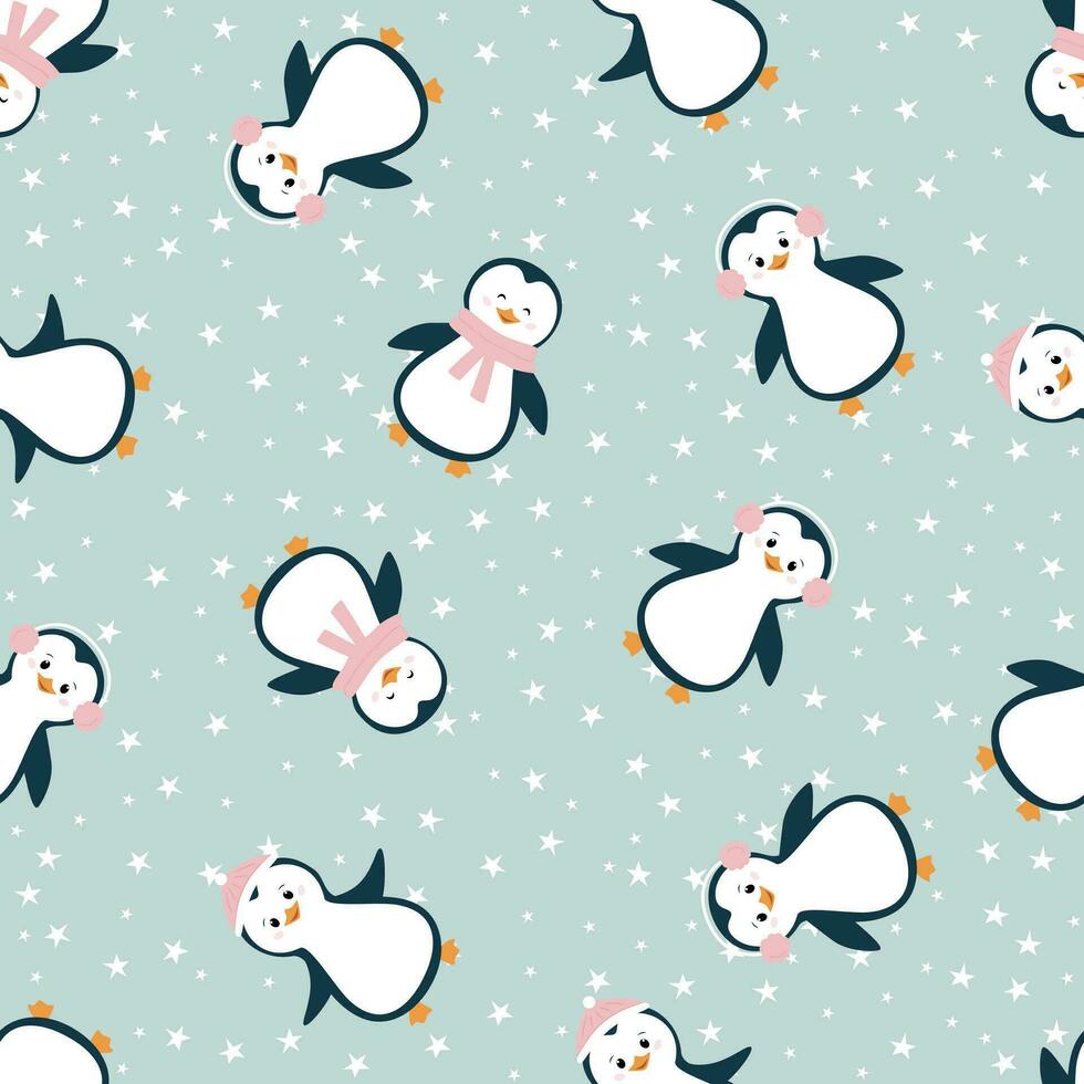 Navidad sin costura modelo con pingüinos y estrellas. linda pingüino dibujos animados ilustración. vector