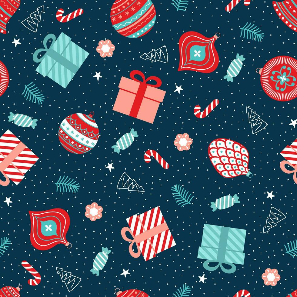 Navidad sin costura modelo con un regalo, un pelota, un baratija, dulces, y copo de nieve en un azul antecedentes. Perfecto para fiesta invitaciones, invierno saludo tarjetas, fondo de pantalla y regalo papel vector