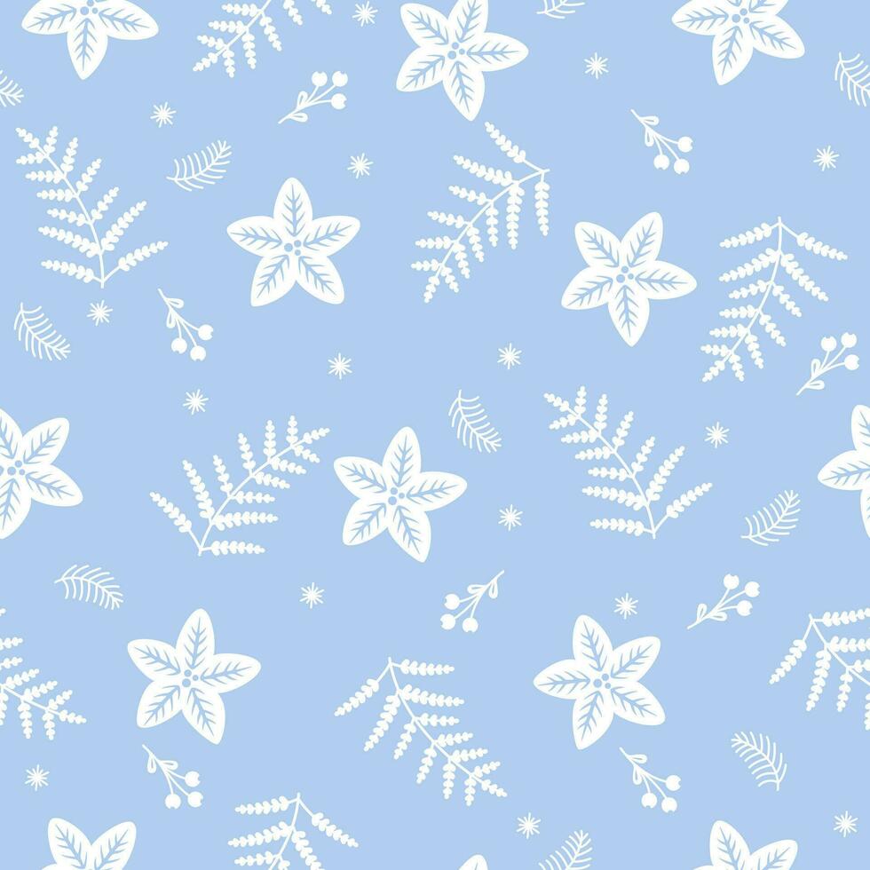 Vector winter floral pattern. Hand drawn seamless background with winter branches and leaves. Hand drawn floral elements.
