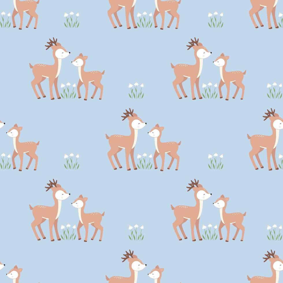 Seamless vector pattern with cute fawn, mom and baby with flowers background. Perfect for textile, wallpaper or nursery print design.