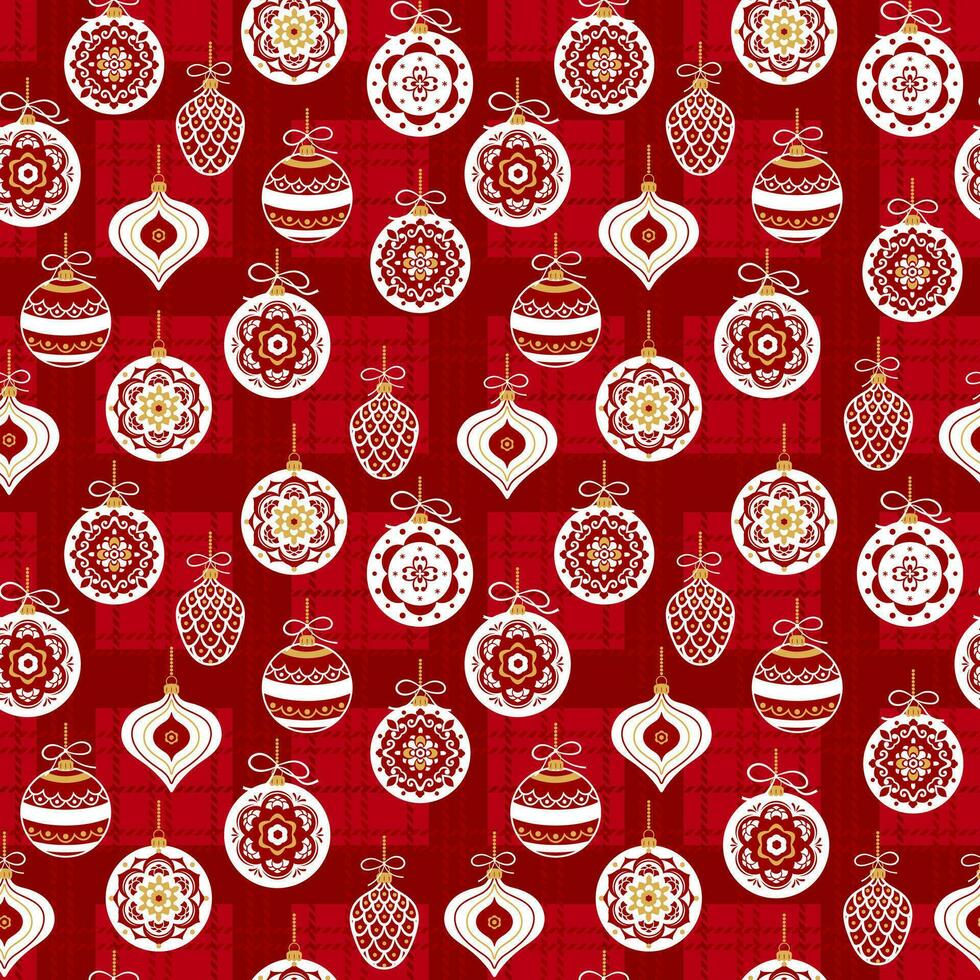 Navidad sin costura antecedentes con pelotas en tradicional escocés rojo. Perfecto para fiesta invitaciones, invierno saludo tarjetas, fondo de pantalla y regalo papel vector