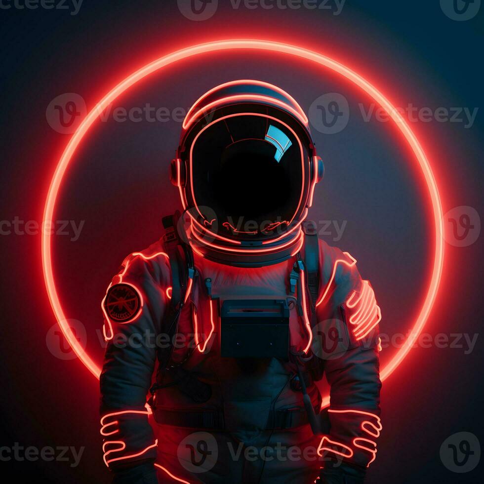 Spaceman or astronaut with circular ring shaped neon light. AI generative photo