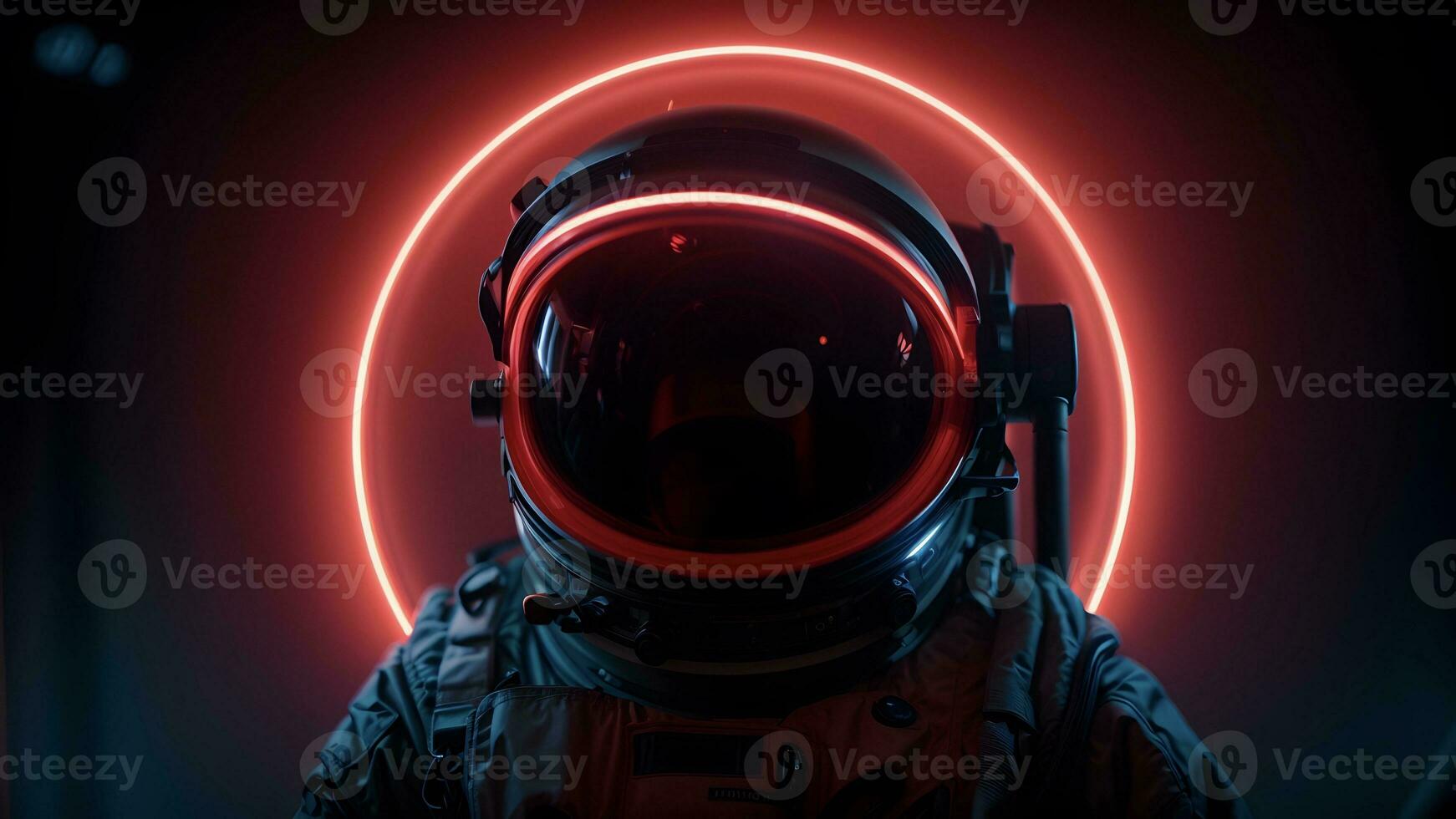 Spaceman or astronaut with circular ring shaped neon light. AI generative photo