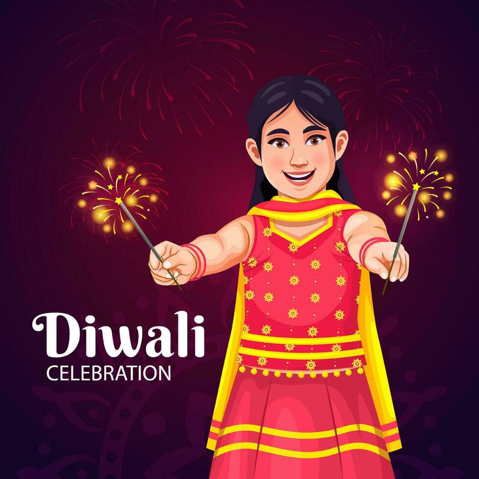 Happy Diwali Vector Illustration with Fireworks Background for Light Festival of India in Flat Kid celebrate Diwali Cartoon Design. Festival sale and promotion advertising concept