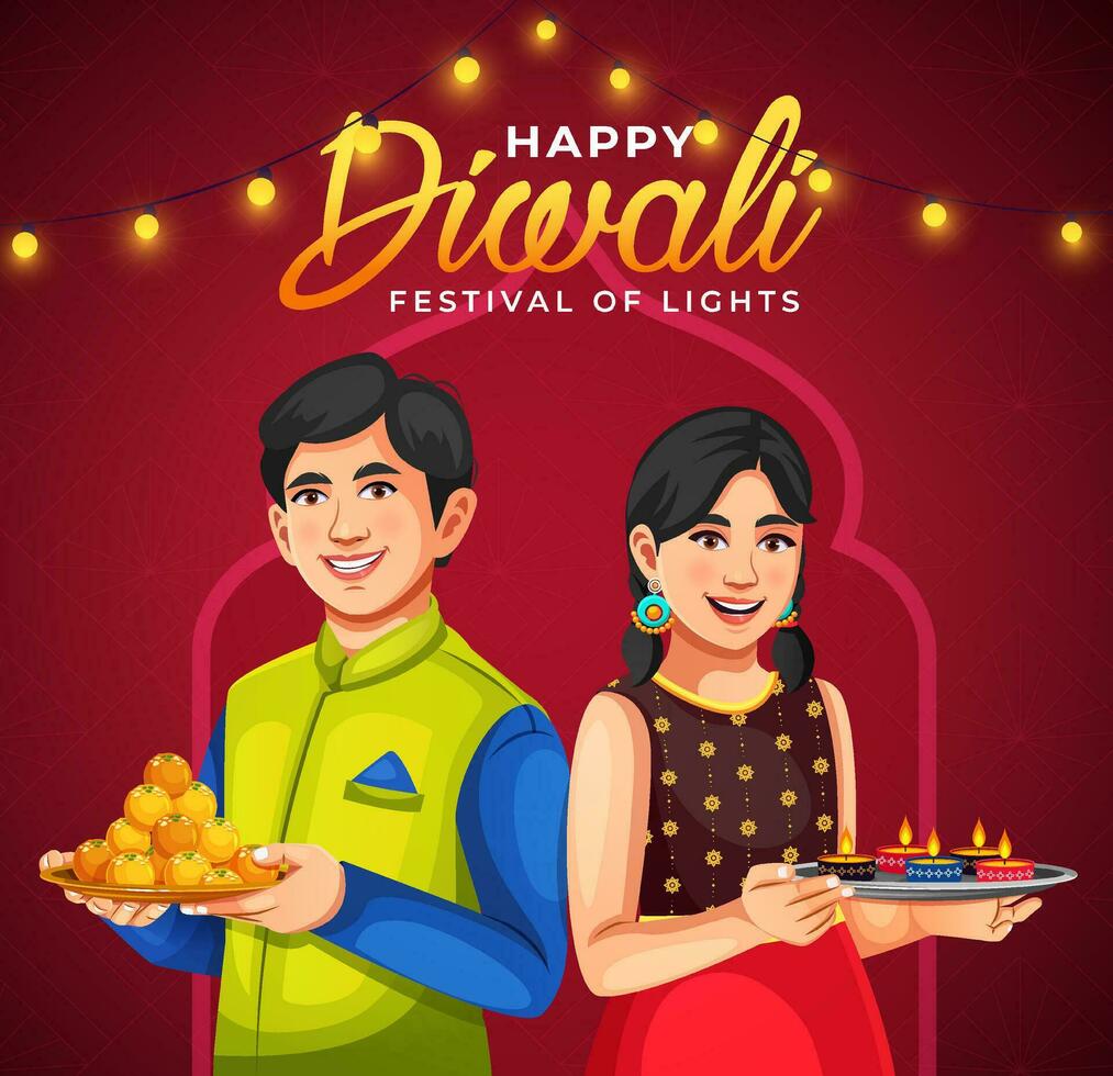 Decorative oil lamps and lights Happy Diwali festival celebration greeting card template vector