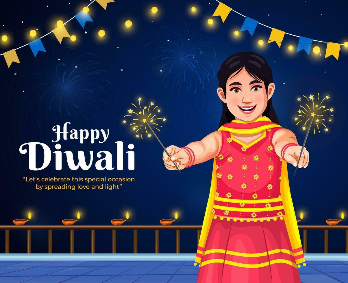 Creative illustration greeting card design of Happy Diwali Festival, Fireworks Background decoration with Diya or lamp vector