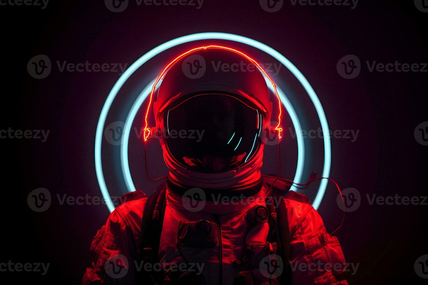 Spaceman or astronaut with circular ring shaped neon light. AI generative photo