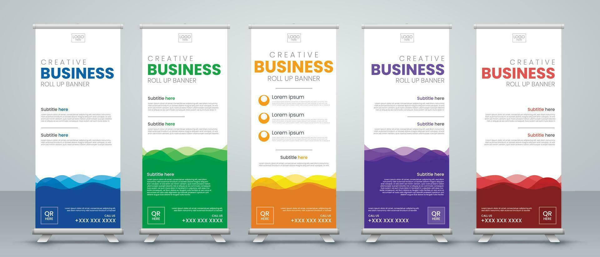 modern abstract roll up banner design set in blue, red, green , purple and orange print ready colors for presentations, evets, promotions vector