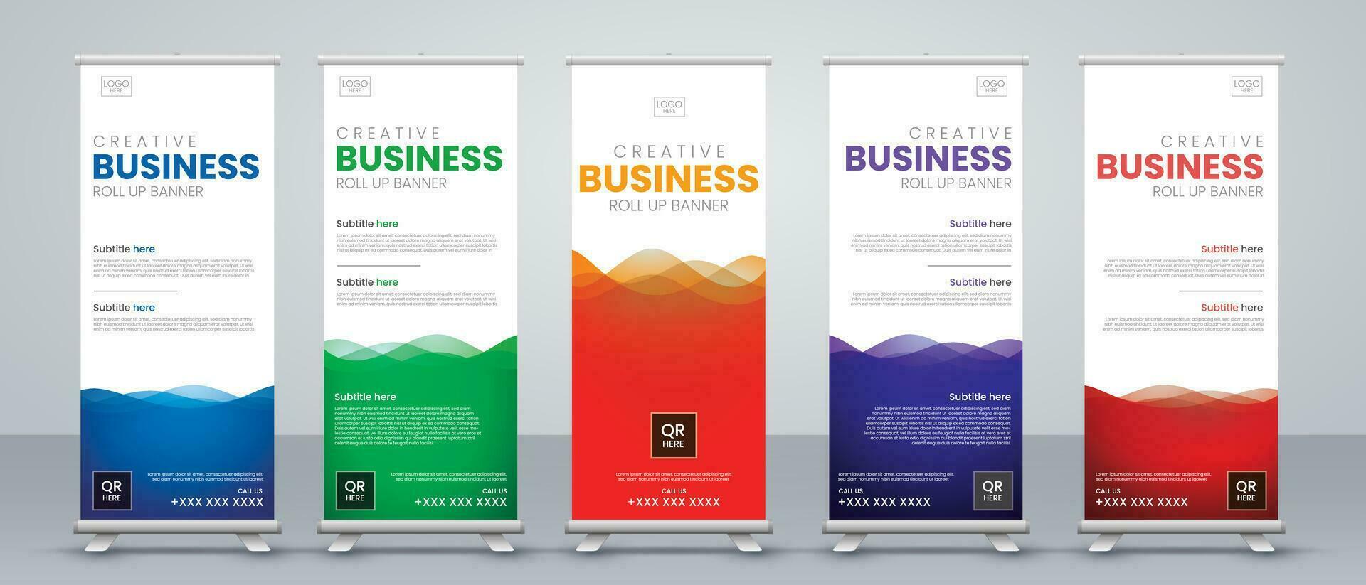 modern abstract roll up banner design set in blue, red, green , purple and orange print ready colors for presentations, evets, promotions vector
