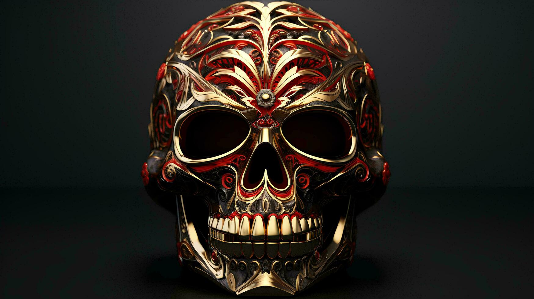 a gold and red skull with intricate designs, AI Generative photo