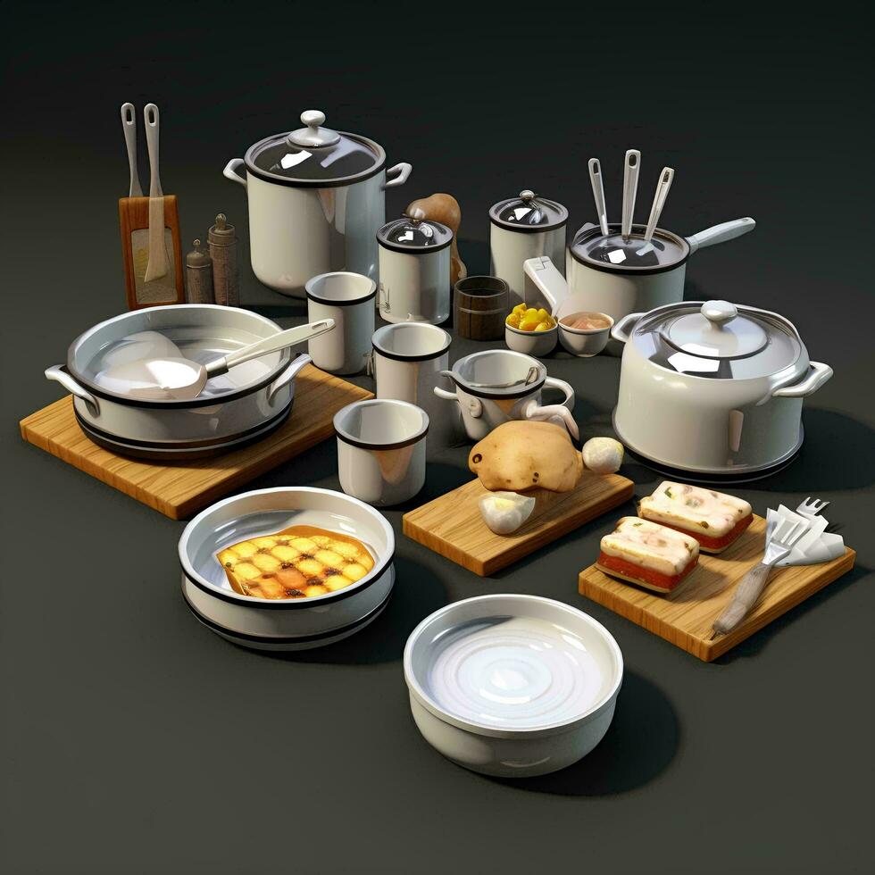 a set of pots and pans on a cutting board, AI Generative photo