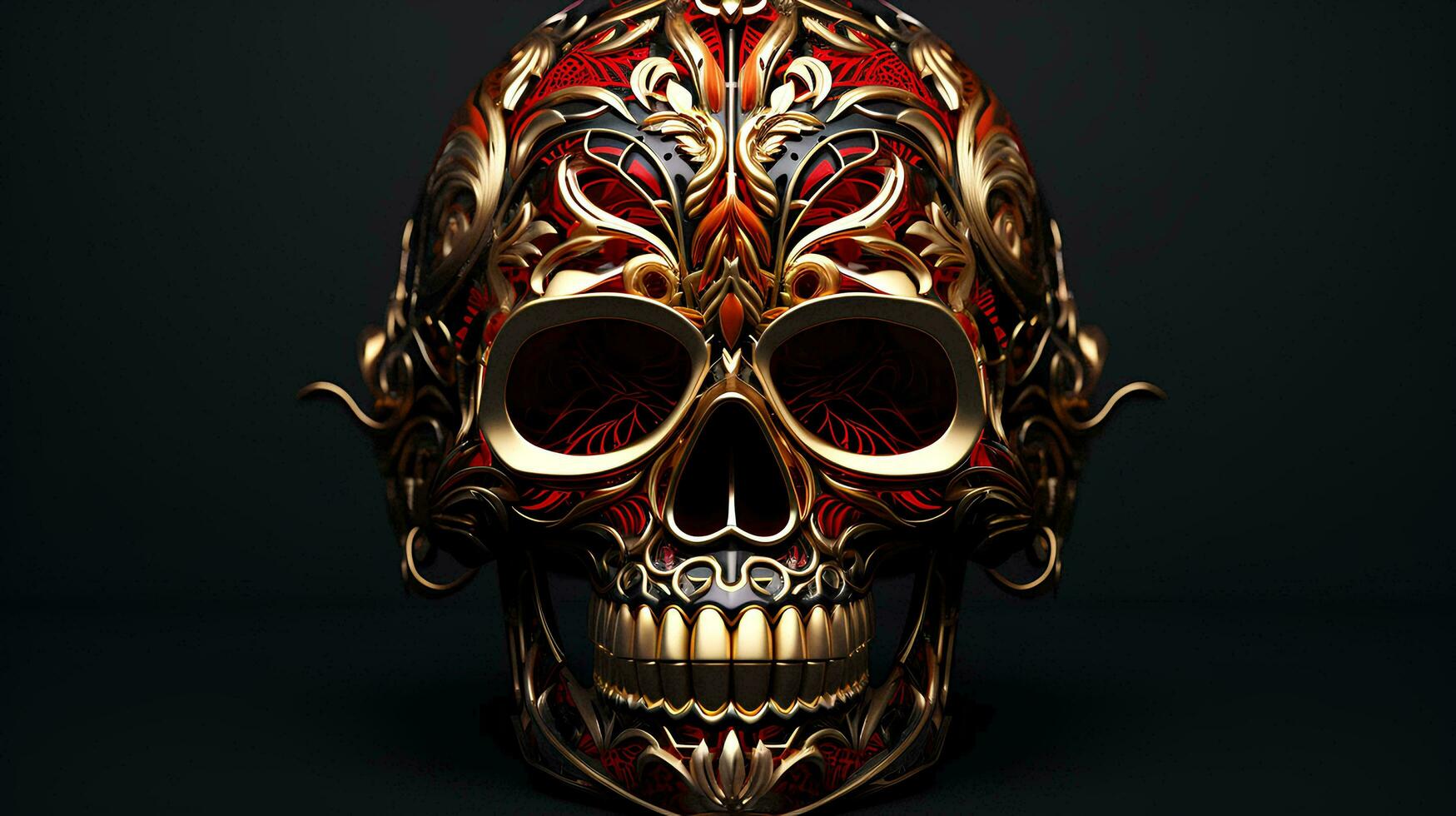 a gold and red skull with intricate designs, AI Generative photo