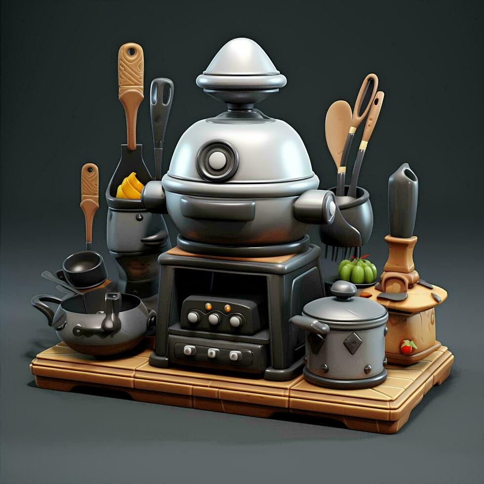 a kitchen with a toaster, frying pan and other utensils, AI Generative photo