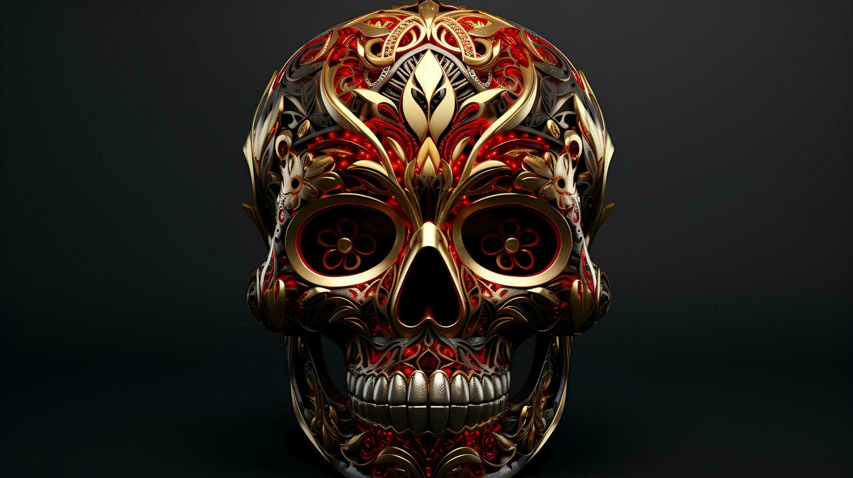 a gold and red skull with intricate designs, AI Generative photo