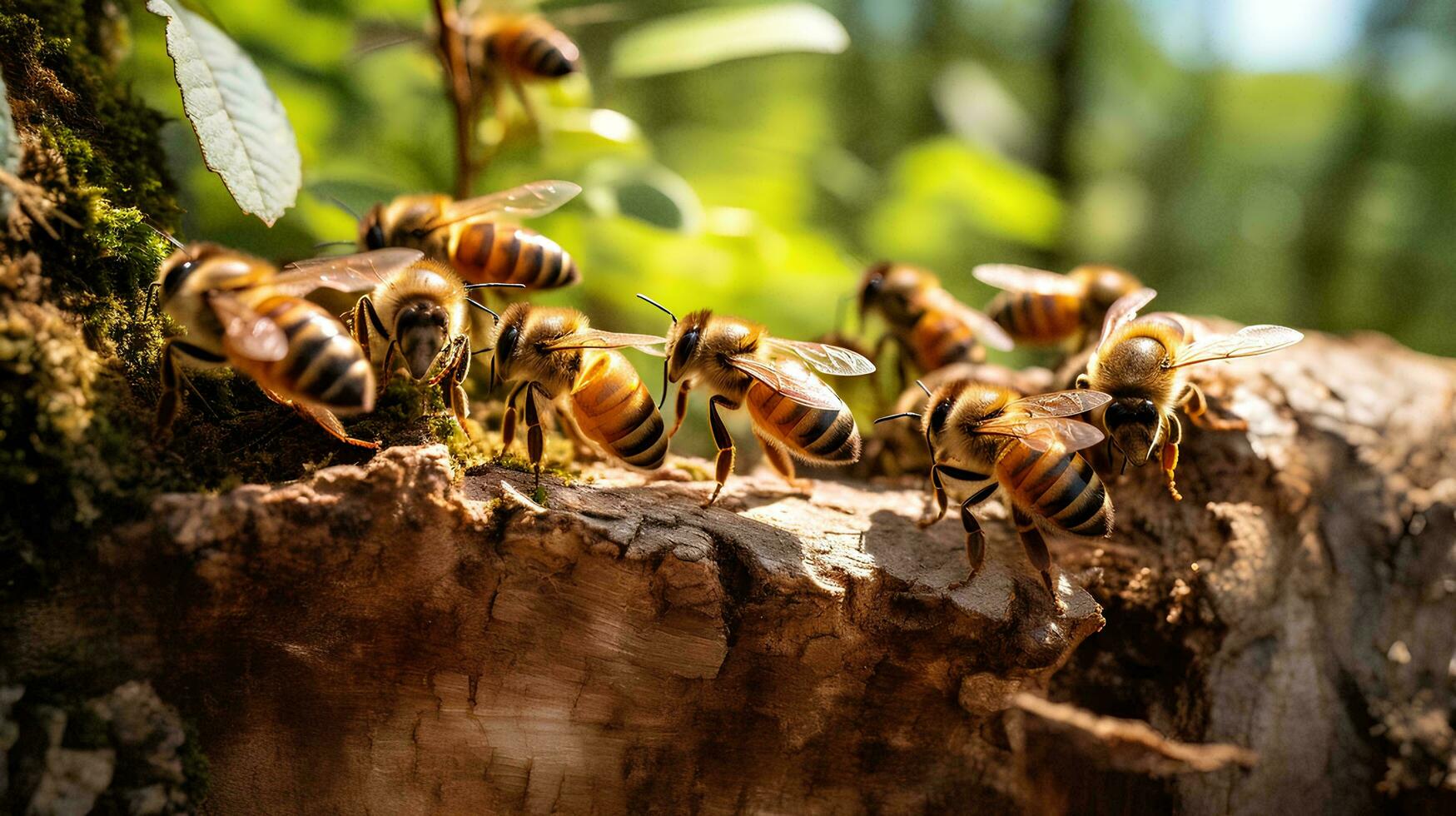 un grupo de miel abejas encaramado en un colmena, ai generativo foto