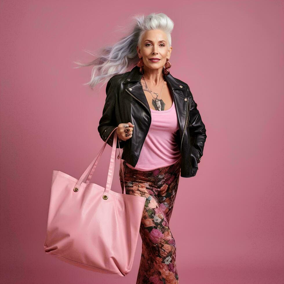 a mature woman wearing modeling clothes and carrying a bag in her hand, AI Generative photo