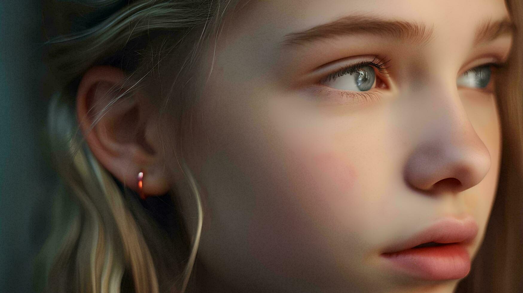 a close up of a young girl with blue eyes, AI Generative photo