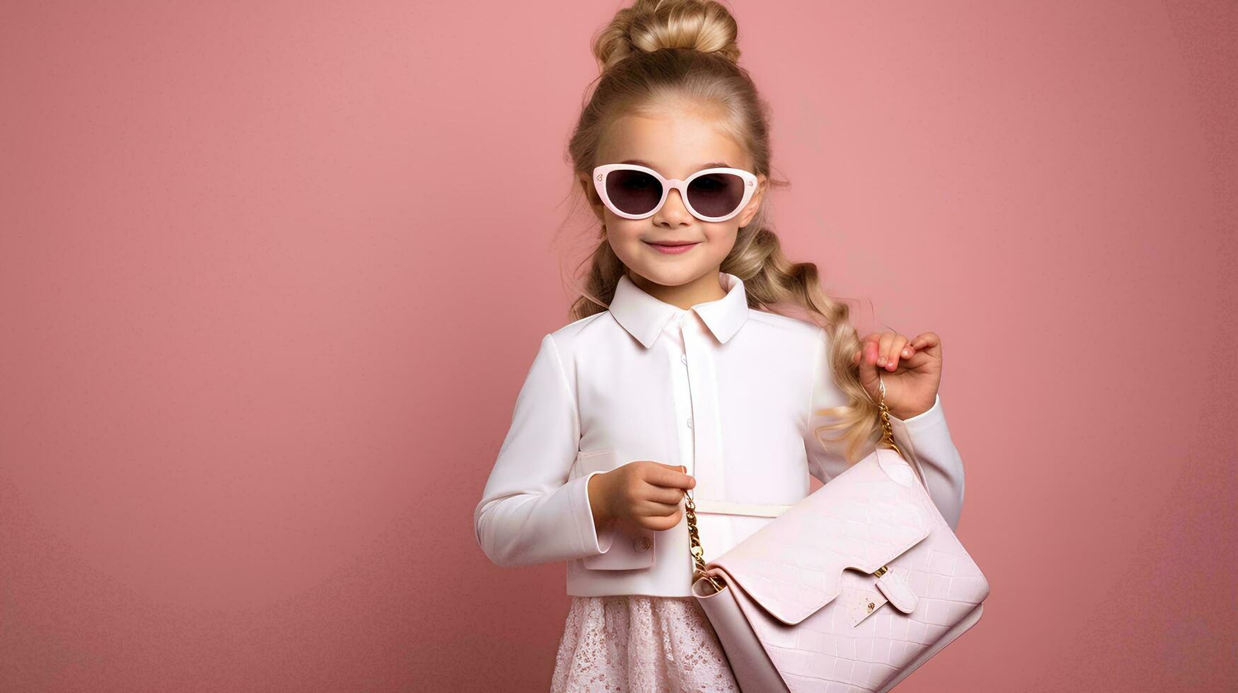 A little girl wearing a white dress and glasses, depicts the figure of a rich woman, holding a luxury brand shopping bag, AI Generative photo