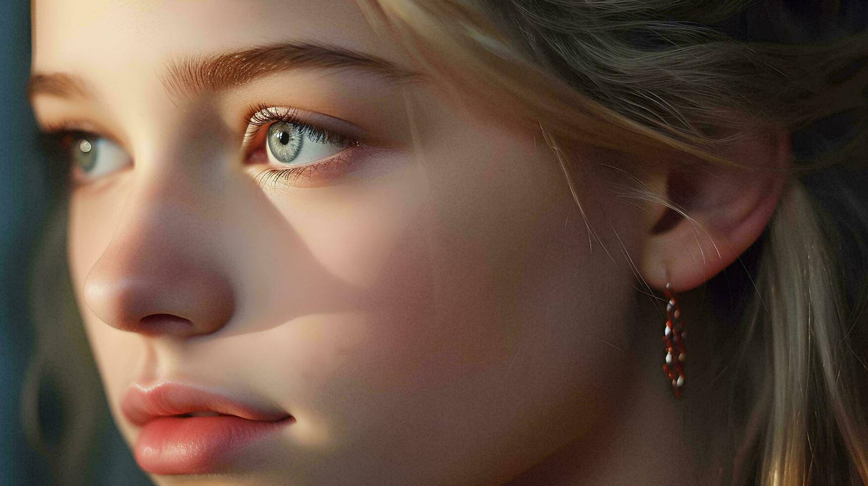 a close up of a young girl with blue eyes, AI Generative photo