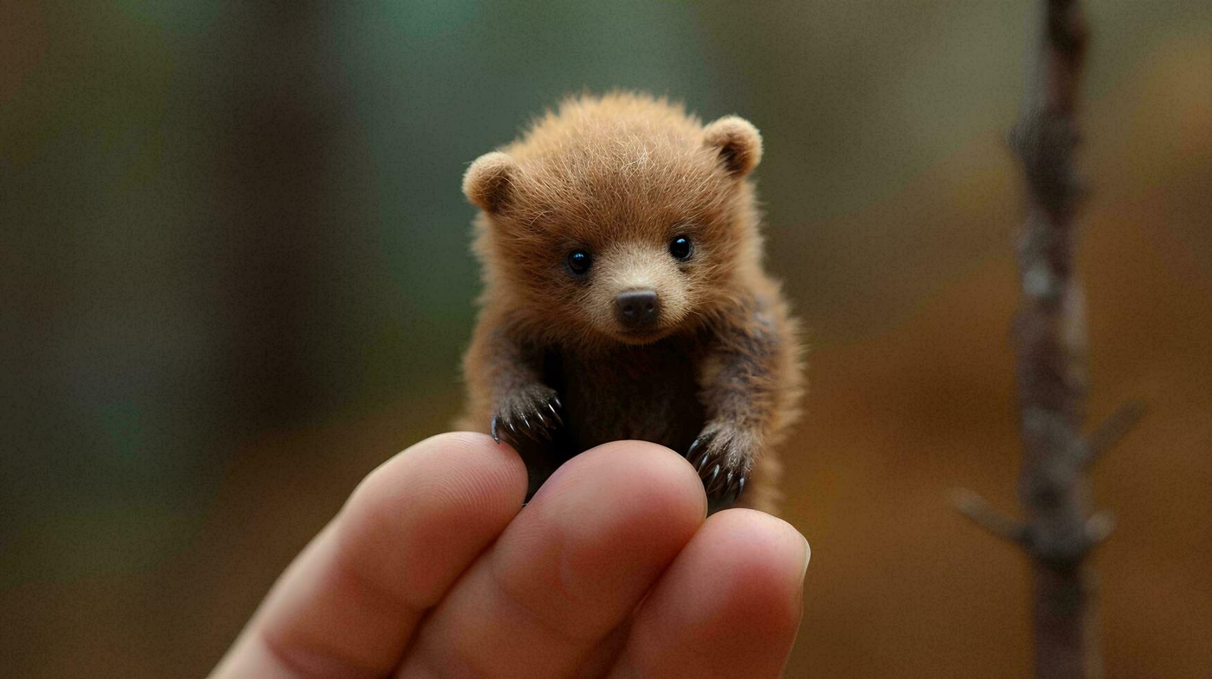 a little bear is sitting on a person's finger, AI Generation photo