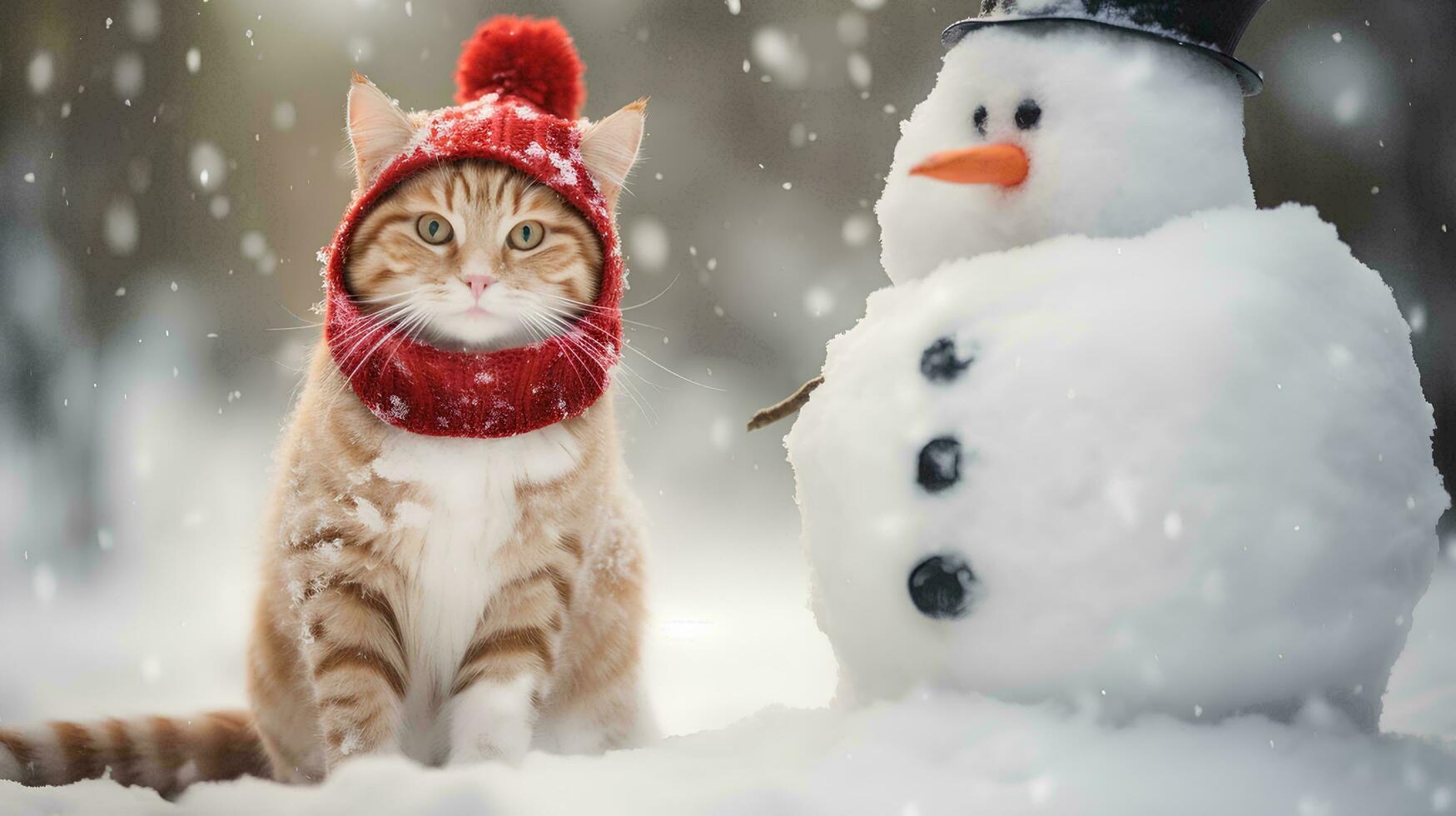a cat wearing a santa hat and scarf is next to a snow sculpture, AI Generative photo