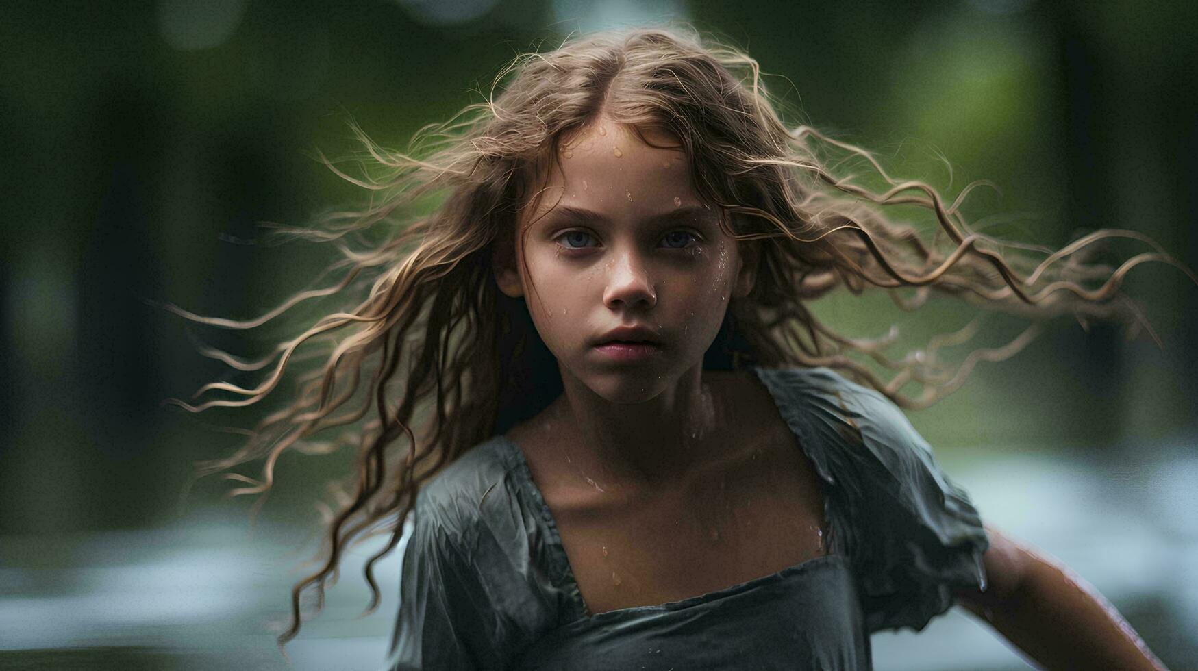 a young girl is running through the water, AI Generative photo