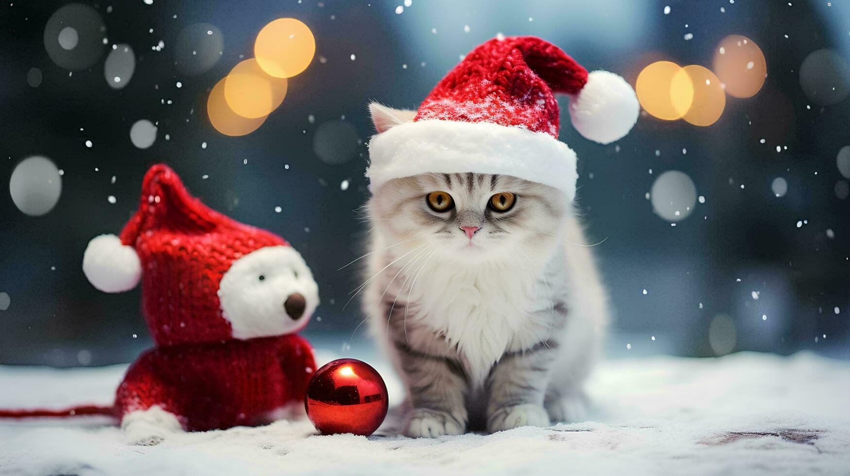 a cat wearing a santa hat and scarf is next to a snow sculpture, AI Generative photo