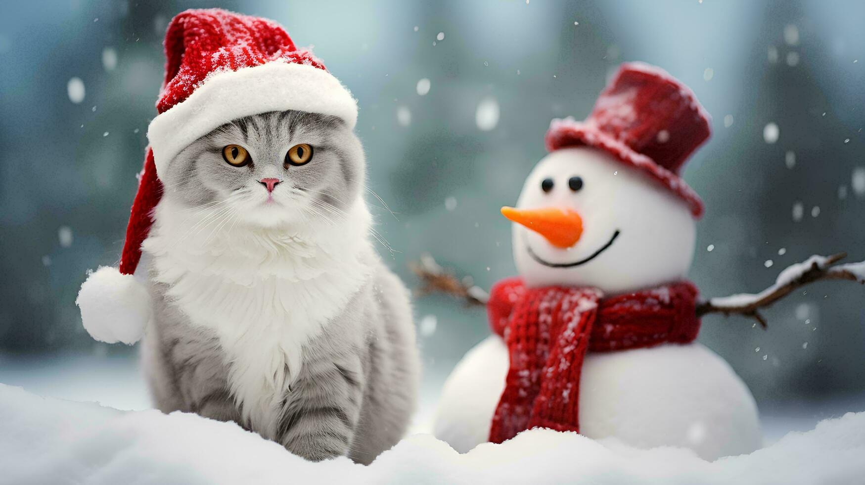 a cat wearing a santa hat and scarf is next to a snow sculpture, AI Generative photo