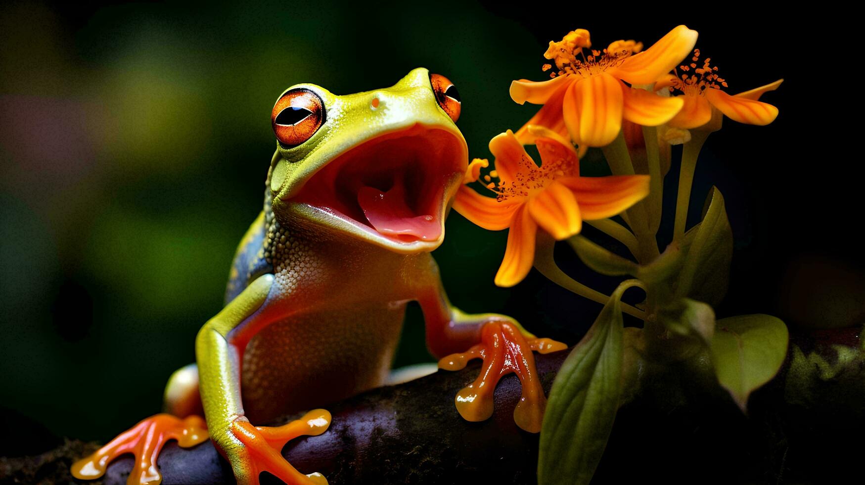 a frog sits on a flower branch, AI Generative photo